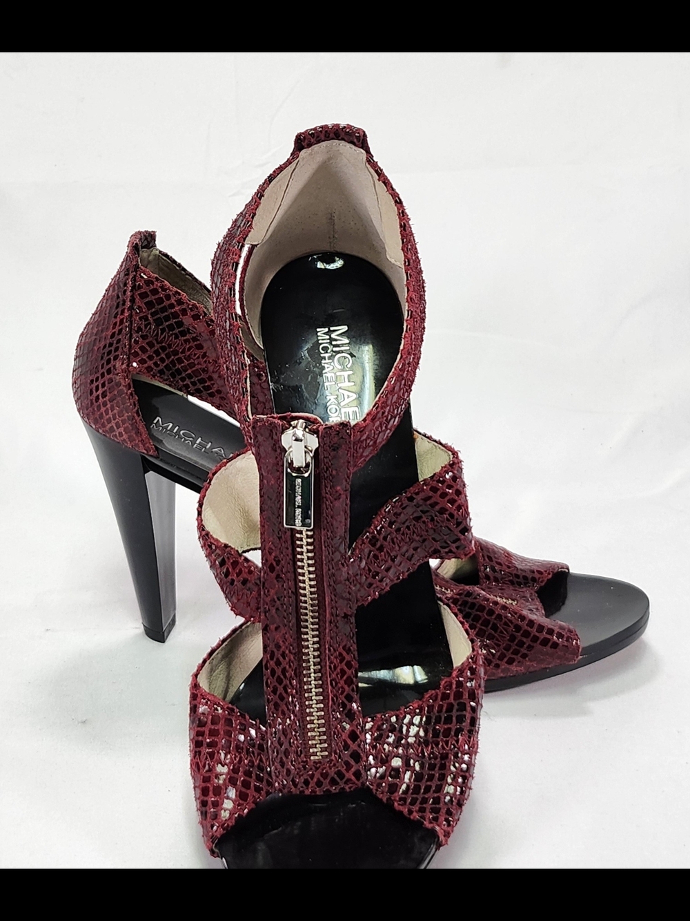 Michael Kors Burgundy Snake-Embossed Zip Front High Heel Sandals